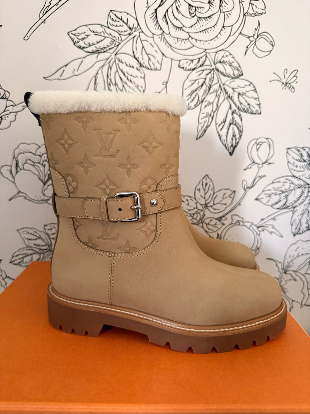 Louis Vuitton Tan Shearling-Trim Suede Lug Ankle Boots